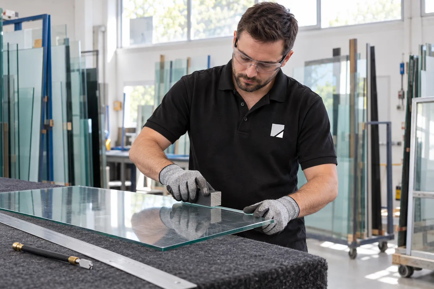 Miroitier adoucissant le chant d'un verre découpé sur la table de coupe de l'atelier de Morangis