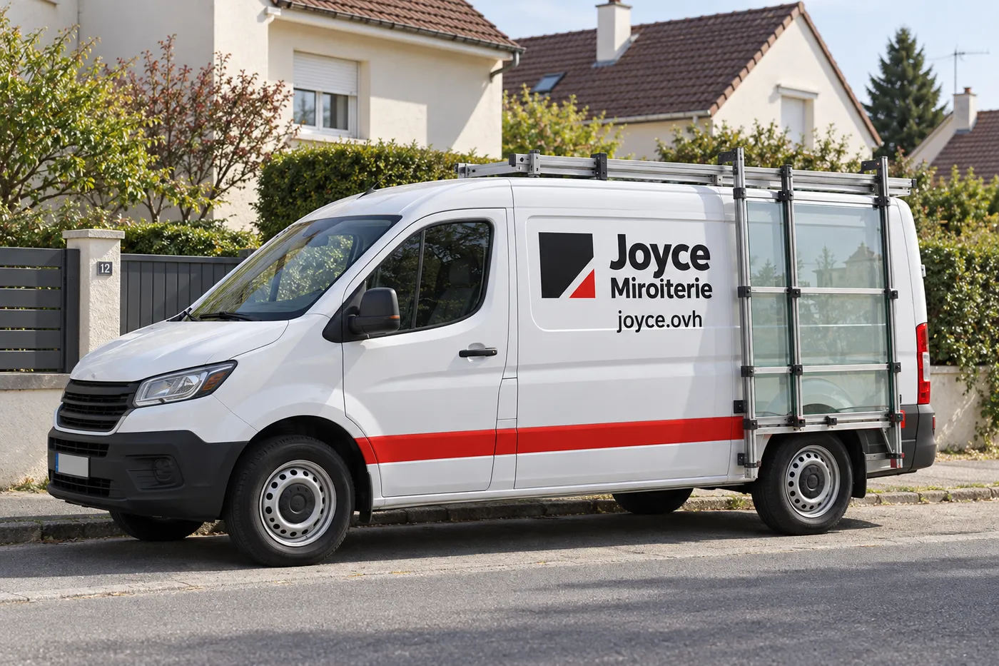 Fourgon blanc Joyce Miroiterie marqué joyce.ovh, avec porte-verre latéral, garé dans une rue pavillonnaire de Morangis